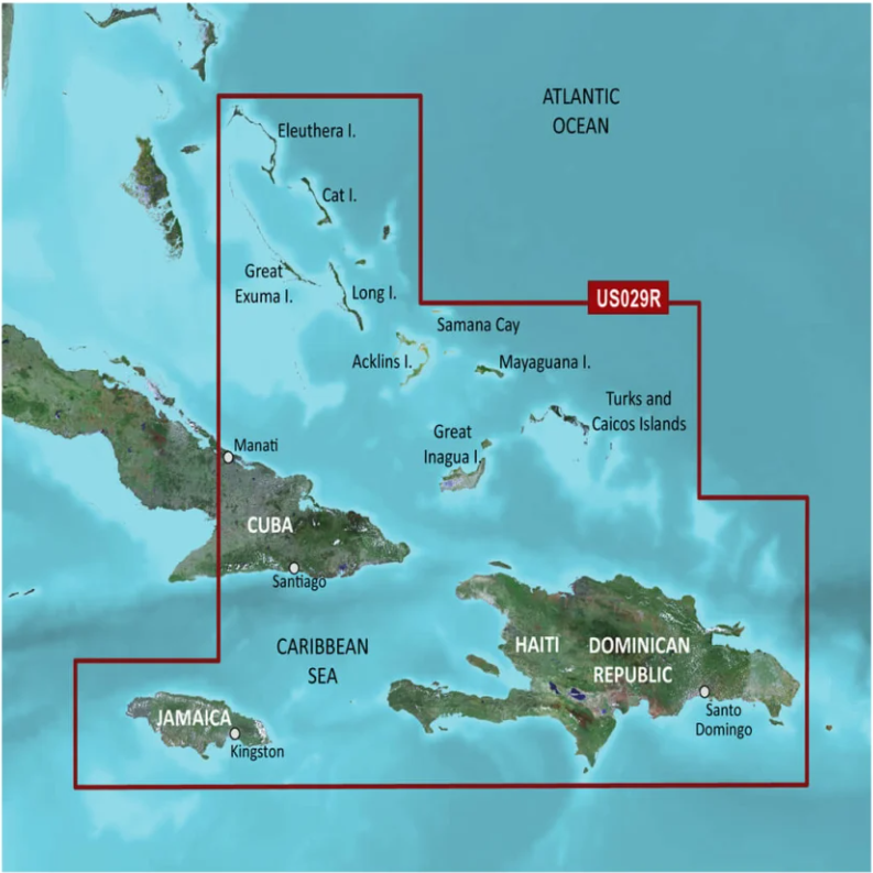 Garmin BlueChart g3 VUS029R coverage map, Southern Bahamas with Cuba, Haiti and Turks and Caicos