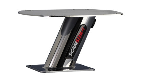 Scanstrut SPT1001 stainless PowerTower, polished steel angled column with black Scanstrut label, top plate and base plate