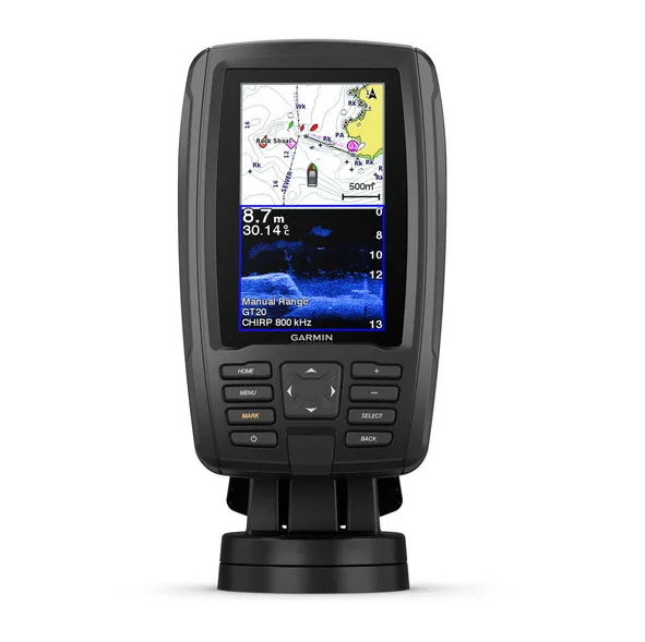 Garmin ECHOMAP Plus 42cv 010-01884-00 without transducer, front view with chart and sonar, depth 8.7 m