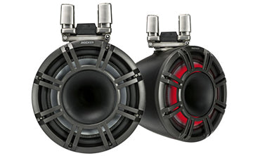 Kicker KM Marine 11 inch horn tower system in black, KA44KMTC114, two large charcoal tower speakers with horns and red LEDs