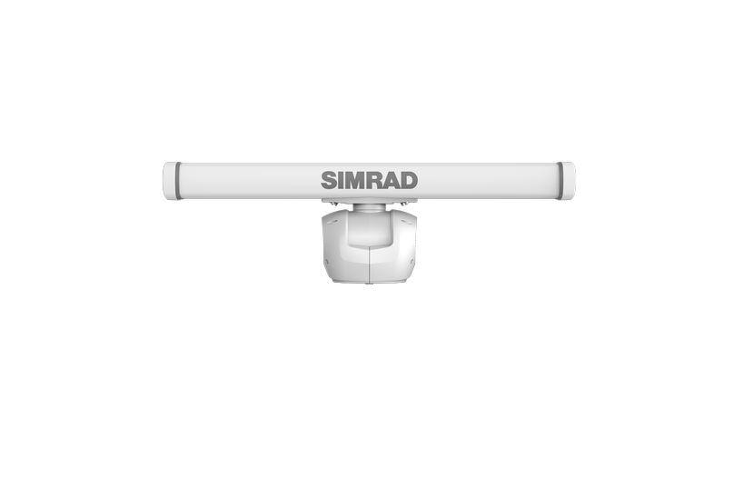 Simrad 000-15763-001 HALO 3004 open array radar, white scanner bar with Simrad lettering on a pedestal