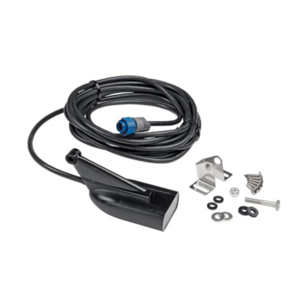 Lowrance HDI Skimmer transom-mount transducer 000-13889-001 with coiled cable, blue plug and mounting hardware