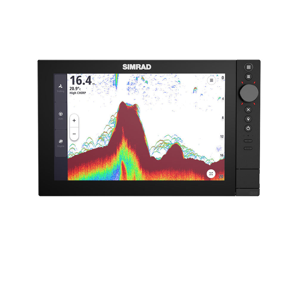 Simrad NSS 4 12 inch chartplotter and fishfinder 000-16016-001 showing sonar display with rotary dial on right