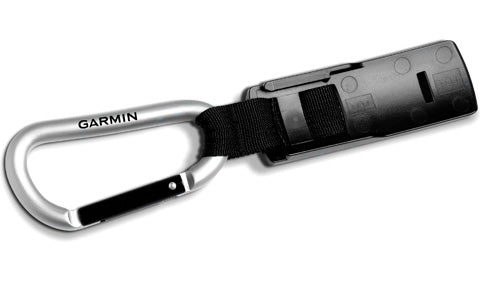 Garmin 010-12897-01 carabiner clip, steel carabiner on a strap with a black cylindrical holder, side view
