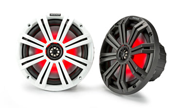 Kicker KM Marine 8 inch coaxial speaker system with LED, KA45KM84L, white and grey spoked speakers lit with red LEDs