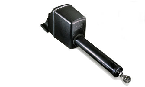 Raymarine M81130 Type 1 12 volt autopilot short shaft linear drive, black actuator with a rod end eye, angled