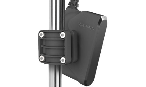 Garmin Panoptix PS21 010-01588-00 forward sonar transducer for trolling motor, grey housing clamped to a pole