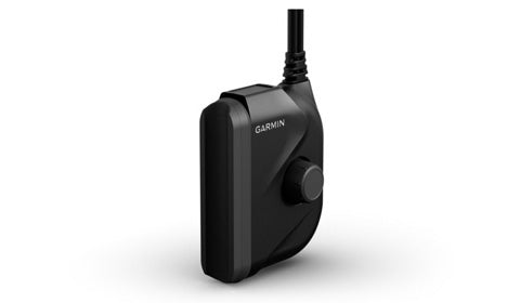 Garmin Panoptix PS22-TR 010-01945-00 LiveVu forward and down transducer, black housing with knob, front view