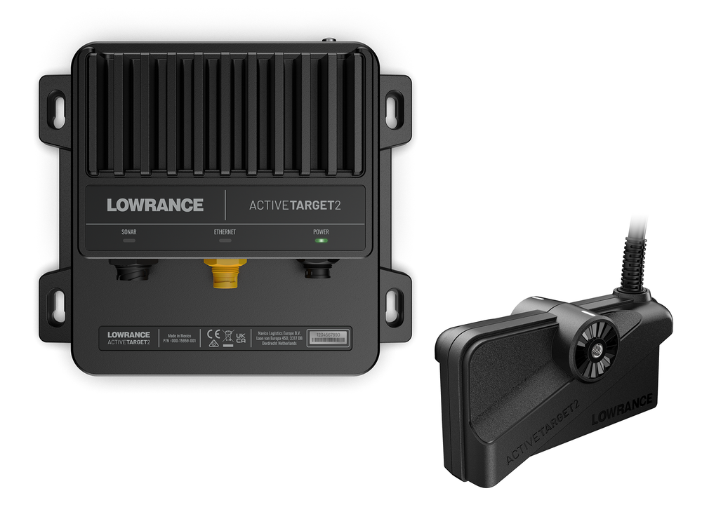Lowrance ActiveTarget 2 000-15959-001 black processing module with logo, beside the compact transducer unit