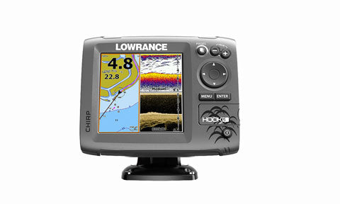 Lowrance Hook-5 000-12655-001 chartplotter fishfinder on pedestal bracket, chart and sonar screen, no transducer shown