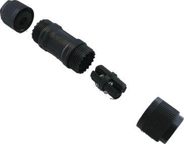 Navico 000-14268-001 4-core cable joiner 20 A, black threaded coupler shown in parts with a cap and a small insert