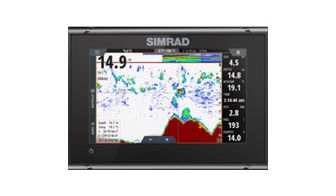 Simrad GO7 XSR ROW 000-14448-001, 7 inch chartplotter front view showing sonar and chart split with data bar