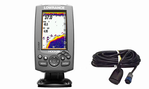 Lowrance Hook-4x 000-12640-001 fishfinder front view with sonar screen, beside its skimmer transducer and cable