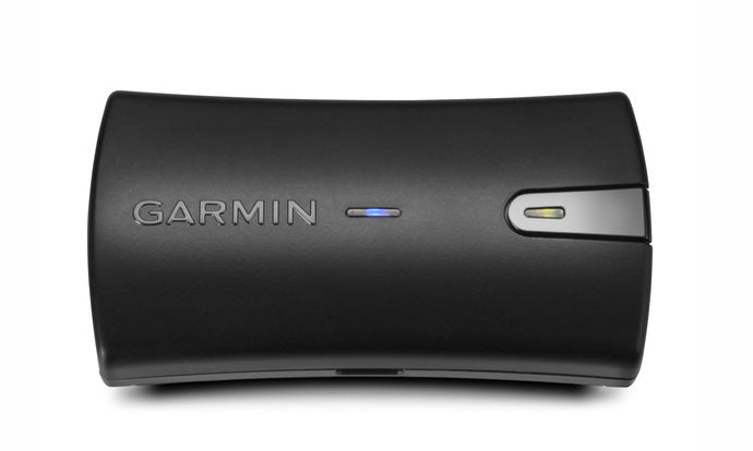 Garmin GLO 2 010-02184-01 GPS GLONASS sensor, black curved wireless unit with Garmin lettering, front view