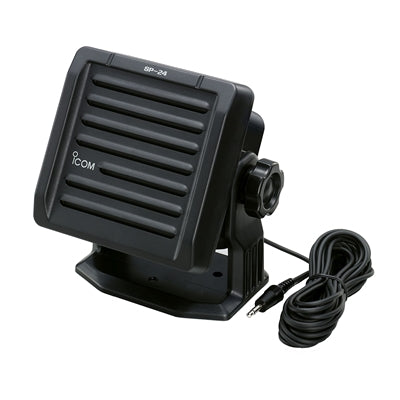 Icom SP-24/E external speaker, black ribbed speaker box on a swivel bracket with a lead and a 3.5 mm plug
