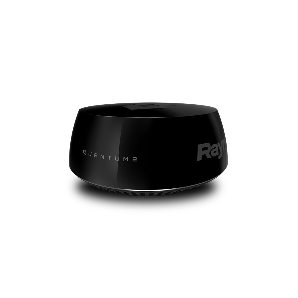 Raymarine T70550 Quantum Q24D Doppler radar in black, front view of black radome with Quantum 2 lettering