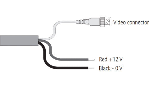 Raymarine R08202 adapter cable for CAM50 and CAM100 CCTV cameras, wiring diagram with video connector and red and black wires