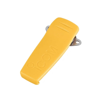 Icom MB-103Y yellow belt clip with the Icom logo moulded on the front and a metal pivot pin at the top
