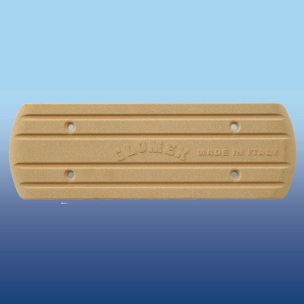 Glomex RA207 ground plate front view, tan ribbed plate with four screw holes on a blue gradient background
