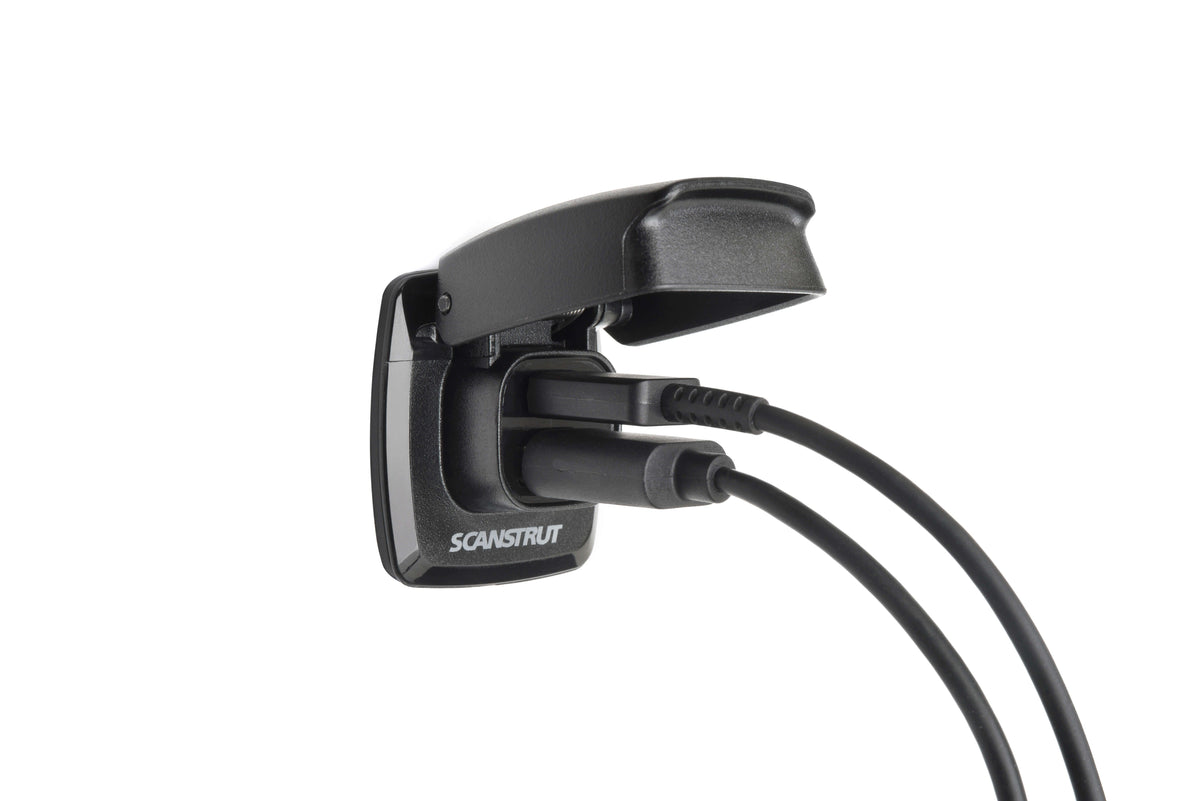 Scanstrut SC-USB-F1 Flip Pro charger with lid open and two USB leads plugged in, side view