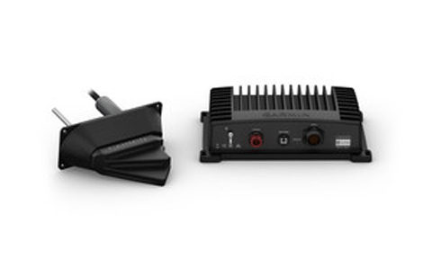 Garmin Panoptix LiveScope 010-02233-00 system, black GLS 10 box beside a black transducer on a bracket