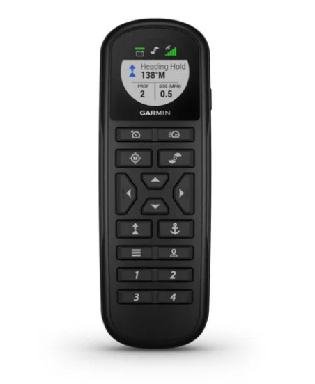 Garmin 010-12833-00 floating remote control, black handheld with display showing Heading Hold 138 degrees