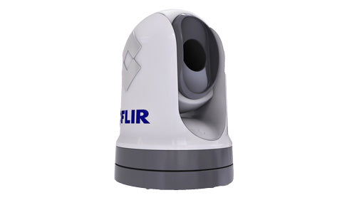 Raymarine E70605 FLIR M300C pan and tilt visible light IP camera, white dome with blue FLIR logo, side view