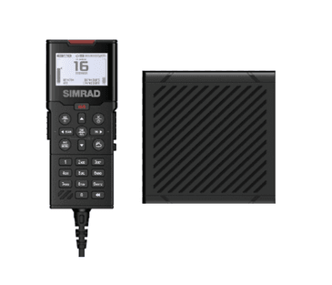Simrad HS100 wired handset with display showing channel 16 and cable, beside SP100 black speaker
