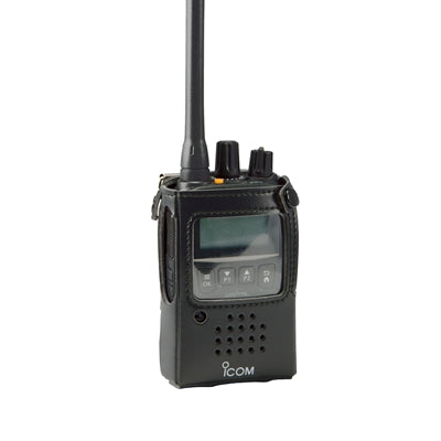 Icom LC-187 soft carrying case, black fabric case fitted on a handheld radio with aerial, display and Icom logo