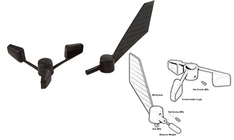 Raymarine E28081 masthead transducer service kit D, black wind vane, wind cups and a line drawing of small parts