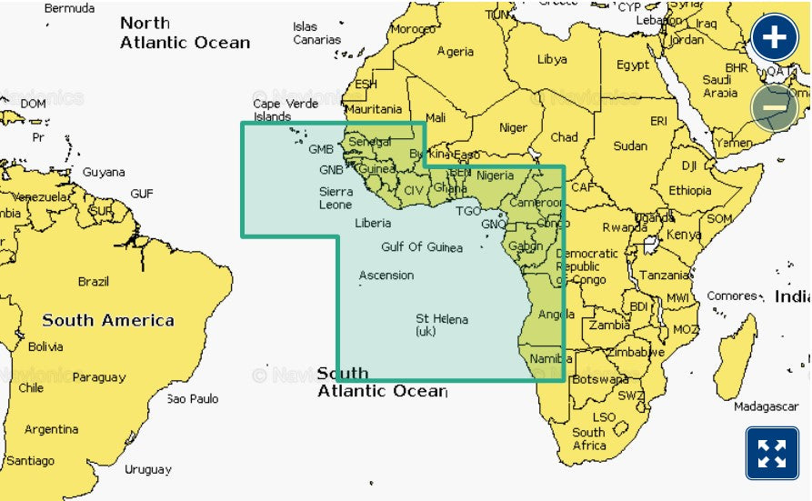 Garmin Navionics+ 010-C1226-20 Africa West NSAF005R coverage, selection over the Gulf of Guinea