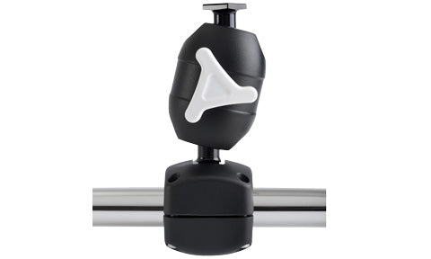 ROKK midi RL-ARM adjustable rail mount in black with white tri-knob clamped to a stainless steel rail