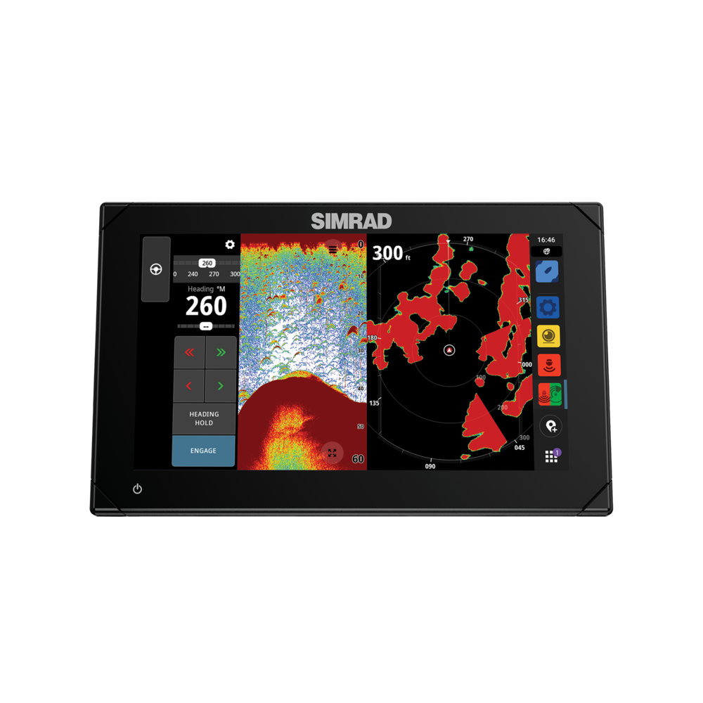 Simrad NSX 3009 multifunction display 000-15219-001, front view showing sonar, speed dial and red radar overlay