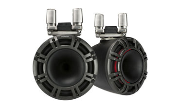 Kicker KM Marine 9 inch horn tower system in black, KA44KMTC94, two black tower speakers with horn tweeters on steel clamps