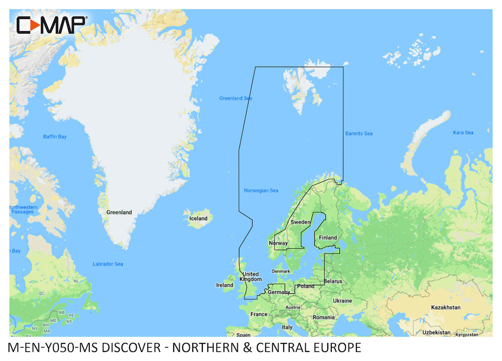 C-Map Discover M-EN-Y050-MS Northern and Central Europe, coverage outline over Scandinavia and the Baltic on a map