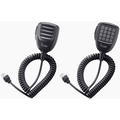 Icom HM-152 hand microphone, two black hand microphones, one plain and one with a keypad, with coiled leads