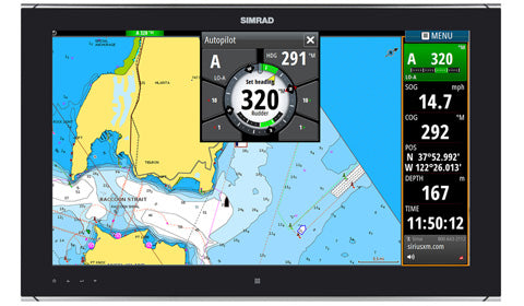 Simrad MO24-T 24 inch multi-touch monitor 000-11264-001, front view showing chart with autopilot heading dialog