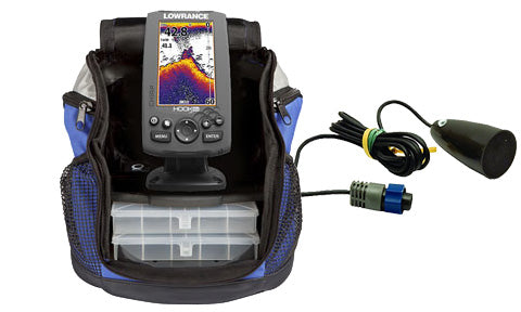 Lowrance Hook-4x Ice Machine 000-12644-001 in blue carry bag with display, tackle trays and ice transducer cable