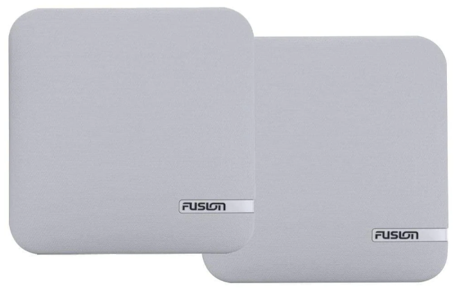 Fusion 010-12936-10 shallow mount speaker cloth grille in white, pair of square grey-white speakers
