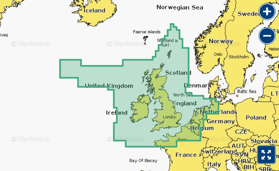 Garmin Navionics+ 010-C1271-00 U.K., Ireland and Holland NVEU628L coverage, green selection over British Isles