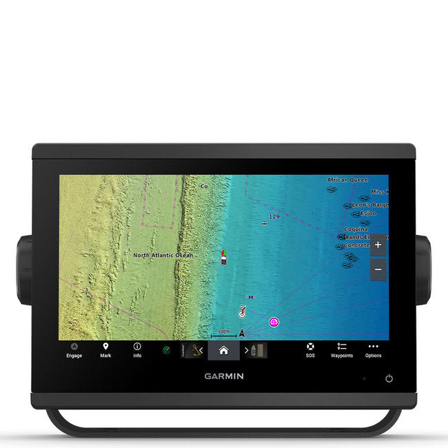 Garmin GPSMAP 923xsv 010-02366-02 chartplotter, front view of a seabed chart with a boat marker