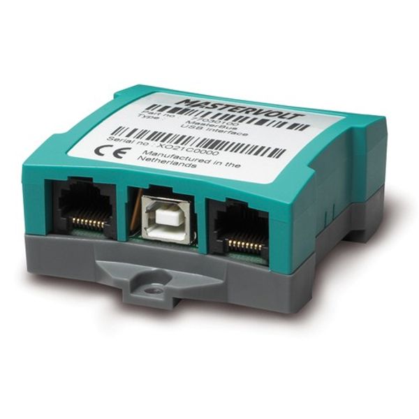 Mastervolt MasterBus USB Interface 77030100, grey and teal module with two RJ45 ports and central USB-B socket