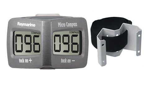 Raymarine T061 micro compass system, grey display showing 096 twice with a hook and loop strap bracket
