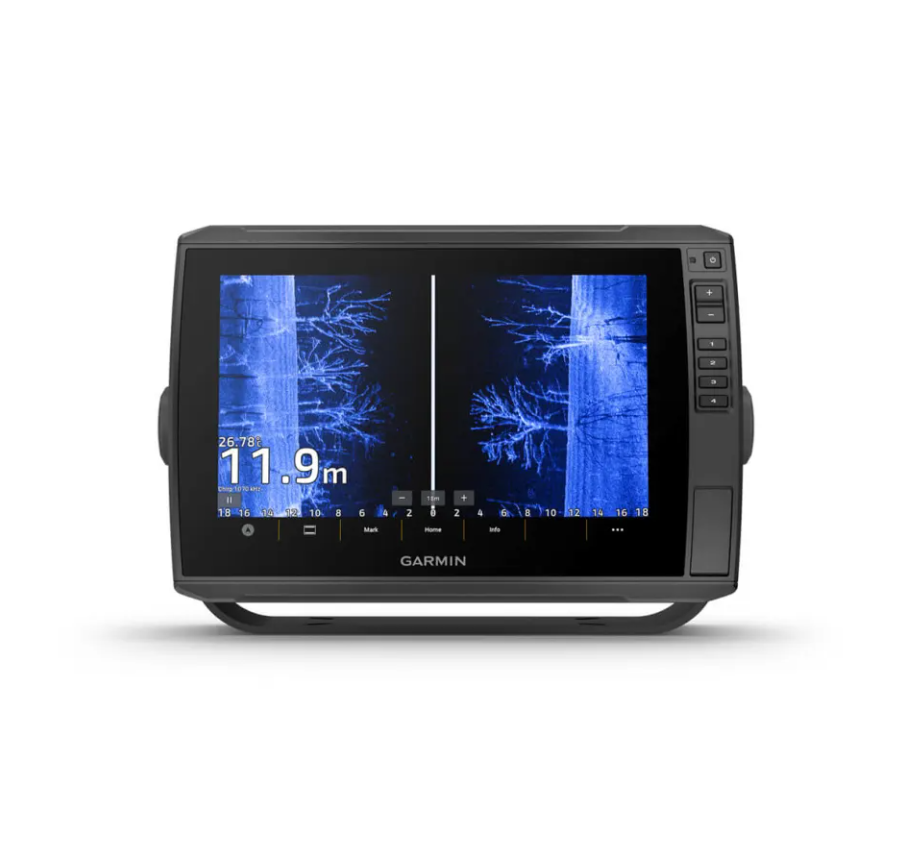 Garmin ECHOMAP Ultra 2 102sv 010-02879-00 without transducer, front view of two blue sonar panes, 11.9 m