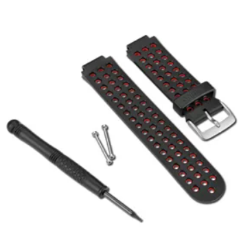 Garmin 010-11251-30 black and red watch band, perforated strap with silver buckle, screwdriver and pins
