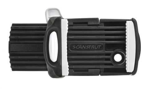 ROKK RL-509 mini universal phone clamp, black spring clamp with white pull tab and Scanstrut logo, front view