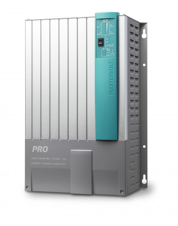 Mastervolt Mass Combi Pro 12/3000-150 inverter charger, front view with vertical heatsink fins and teal control panel