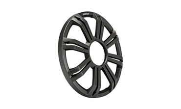 Kicker KM Marine 10 inch subwoofer grill in black, KA45KMG10C, round black spoked grill on white