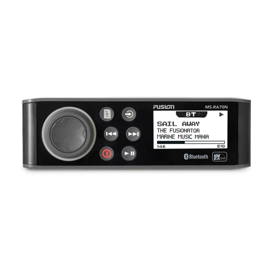 Fusion RA70 010-01516-11 MS-RA70N marine stereo, black front unit with dial and display showing Sail Away