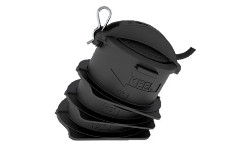 Raymarine A80691 CPT-S in-hull transducer, black stacked rubber body with a keel arrow label and a cable